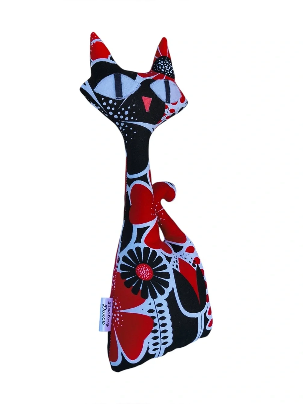 Handmade Red & Black Floral Atomic Cat Decorative Pillow Plush